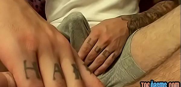  Inked stud Evan Heinze caresses feet and cock solo